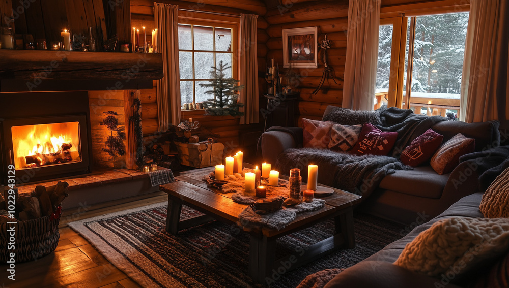 A cozy living room with wooden walls, large windows overlooking the snowy landscape outside and a fireplace lit with firewood stacked neatly on either side. A cozy living room with wooden walls, large windows overlooking the snowy landscape outside and a fireplace lit with firewood stacked neatly on either side.