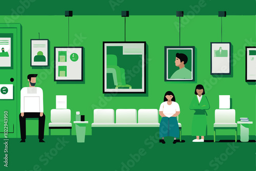 Design a vector illustration of a health clinic waiting room with people waiting, framed artwork on the walls, and a green color scheme.