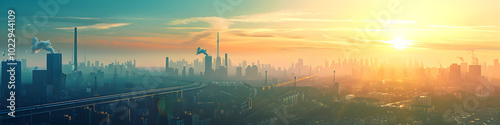 Stunning Urban Skyline at Sunrise with Smoky and Vibrant Colors in background
