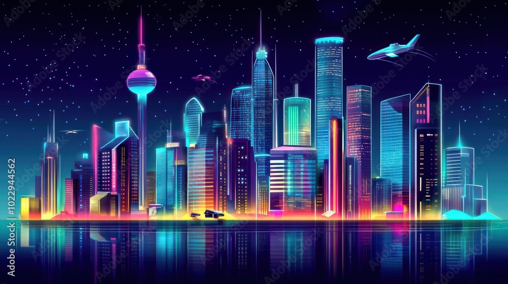 A vibrant, futuristic city skyline illuminated against a starry night sky. A vibrant, futuristic city skyline illuminated against a starry night sky.