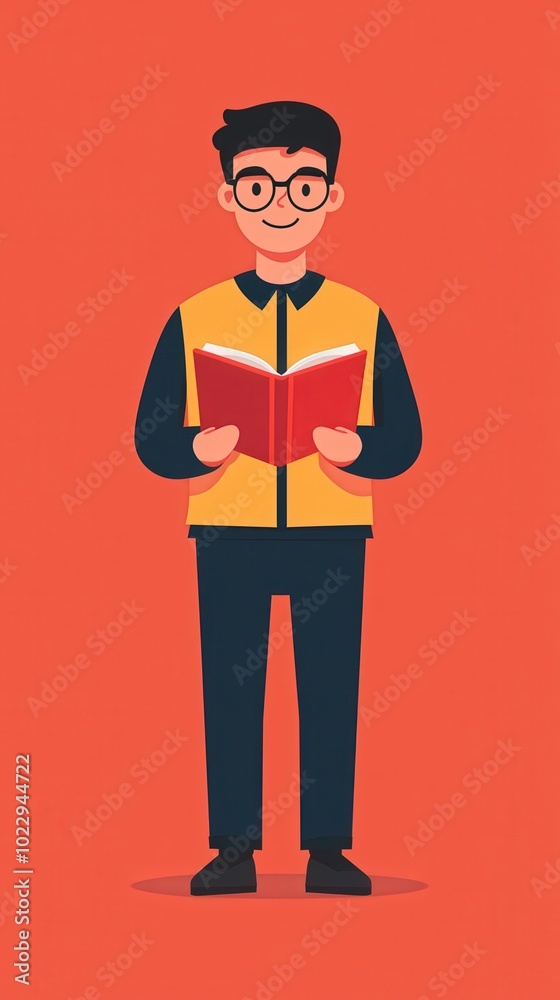 Close-up flat design cartoon of a student reviewing distance learning content, isolated background, minimalist design. Close-up flat design cartoon of a student reviewing distance learning content, isolated background, minimalist design.