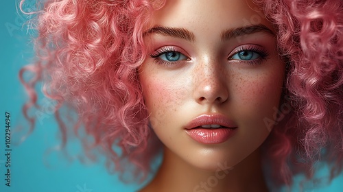 Close-up portrait of a young woman with pink curly hair and blue eyes.