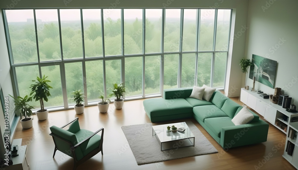 Green living room space with windows providing a scenic view