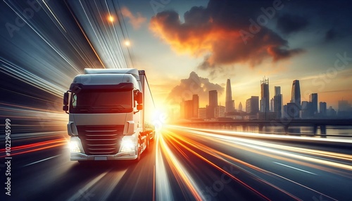 A high-speed truck driving on a futuristic highway with a city skyline in the background, symbolizing fast logistics, transportation, and urban delivery, illuminated by dynamic light trails.