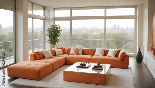 Orange living room space with windows providing a scenic view