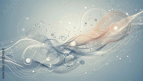 A stunning abstract wave composition featuring flowing lines, circles, and geometric shapes in soft hues. Ideal for modern art, digital design, technology, and creative backgrounds.