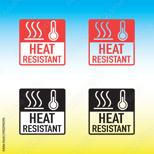A set of stickers or icons that indicate resistance to high temperature. Red, black and white colors. With the text heat resistant.