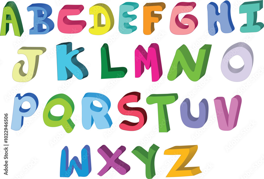 A vibrant and playful alphabet, featuring each letter in a unique, three-dimensional style A vibrant and playful alphabet, featuring each letter in a unique, three-dimensional style