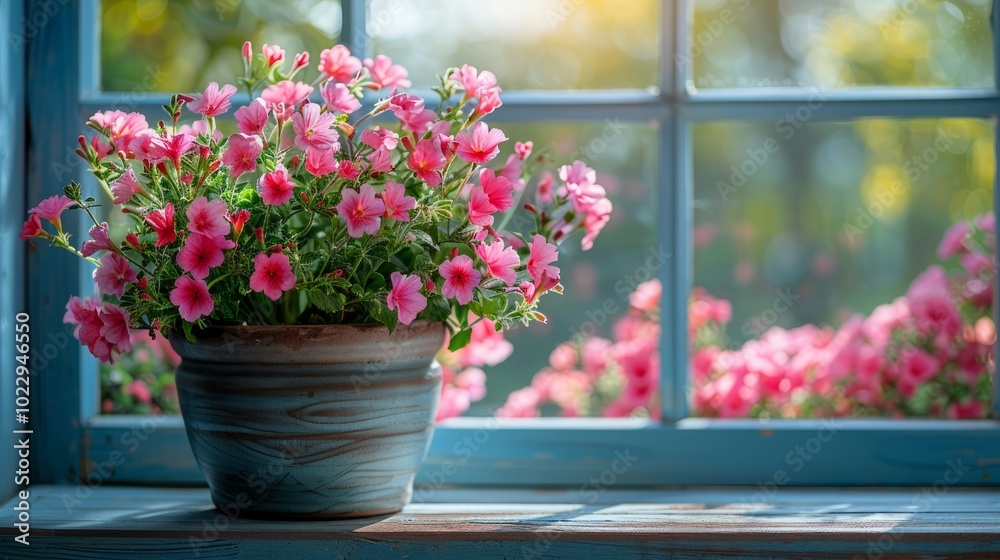 A vibrant display of pink flowers in a pot sits on a windowsill, illuminated by warm sunlight streaming through the window