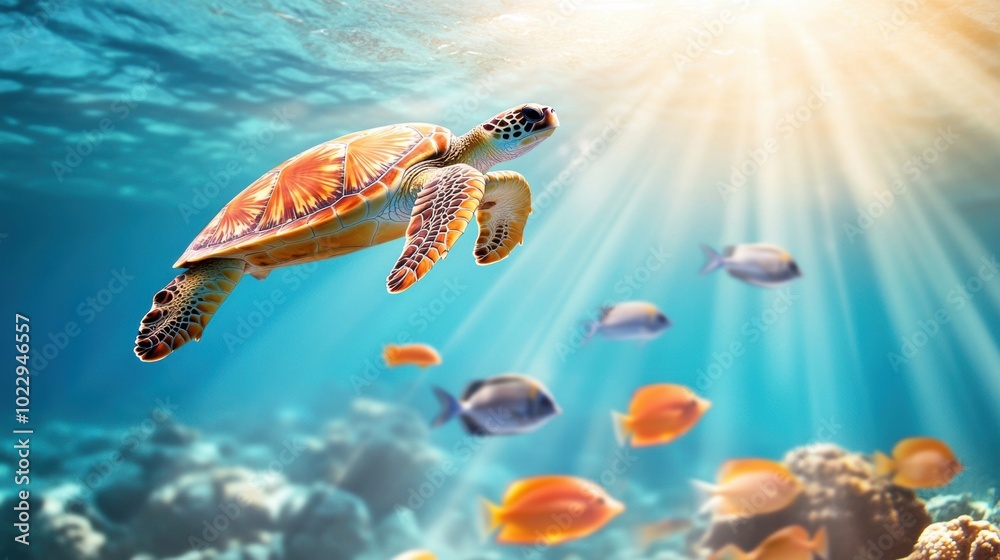 Fototapeta premium Sea Turtle Swimming in Vibrant Coral Reef Waters