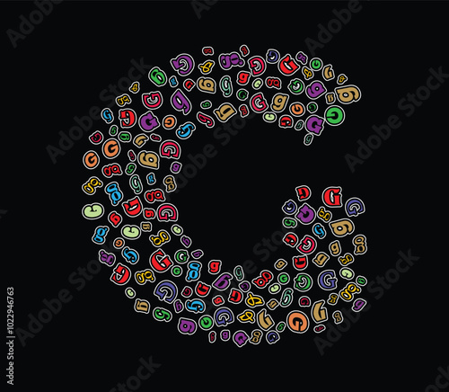 A vibrant assortment of multicolored G letters in different fonts and styles arranged dynamically on Large G font isolated on black