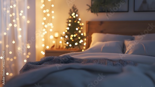 A cozy bedroom decorated for Christmas with twinkling lights, a beautifully lit Christmas tree, and presents under the tree..