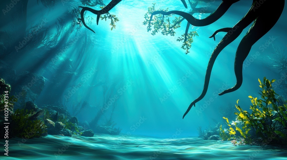 Obraz premium Underwater Depths with Sunlight and Aquatic Plants