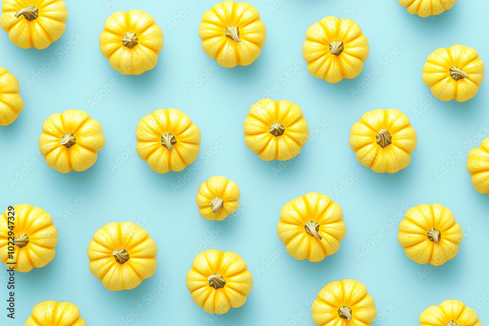 Pastel yellow pumpkins pattern on a light blue background.Minimal creative Halloween holiday concept.Flat lay Pastel yellow pumpkins pattern on a light blue background.Minimal creative Halloween holiday concept.Flat lay