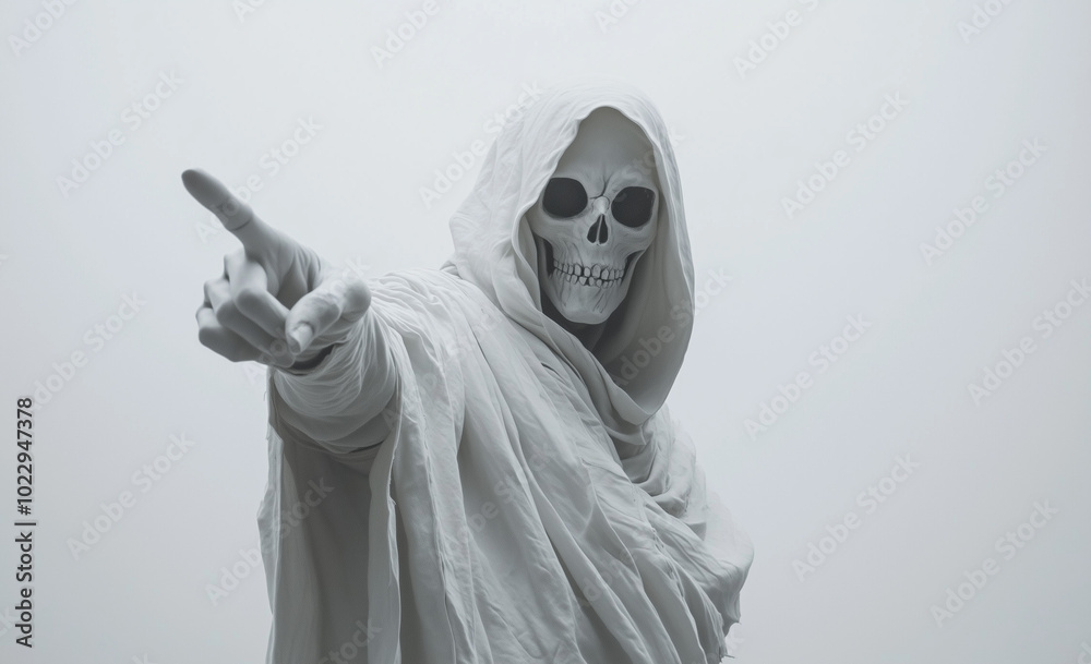 A white grim reaper in a hooded cloak extends a finger toward the viewer, its skeletal face emerging from a misty white background. A white grim reaper in a hooded cloak extends a finger toward the viewer, its skeletal face emerging from a misty white background.