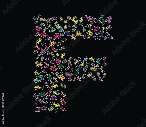 A vibrant assortment of multicolored F letters in different fonts and styles arranged dynamically on Large F font isolated on black