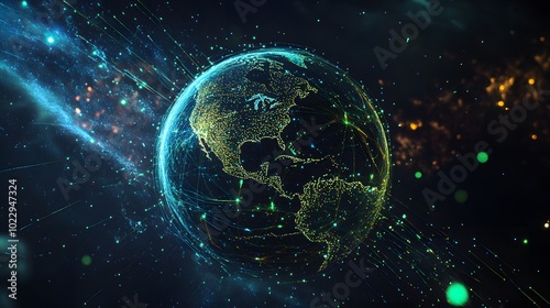 A view of Earth from space surrounded by glowing digital networks, symbolizing global connectivity, data flow, and advanced technology.