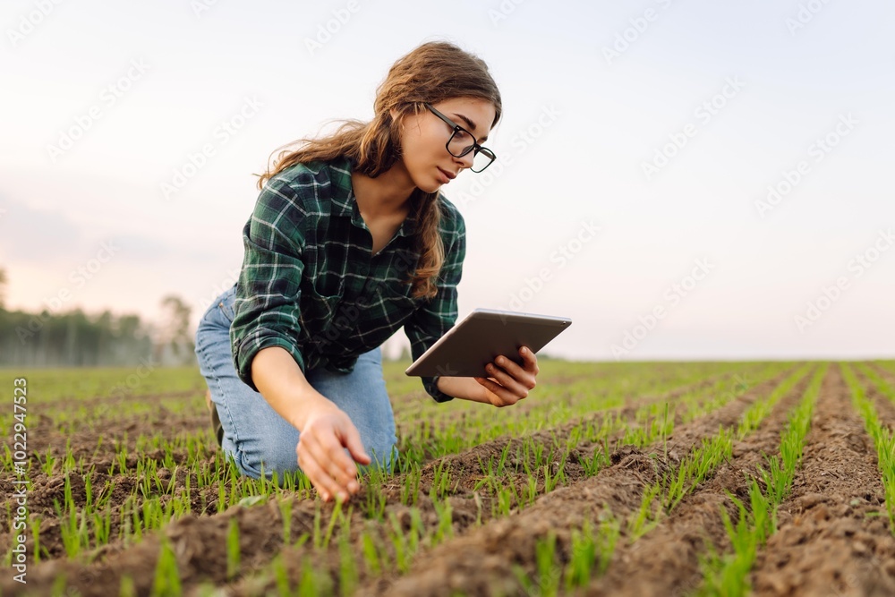 Woman Farmer on a green wheat field with a tablet in his hands. Smart farm. Concept of gardening, ecology, technology. Woman Farmer on a green wheat field with a tablet in his hands. Smart farm. Concept of gardening, ecology, technology.