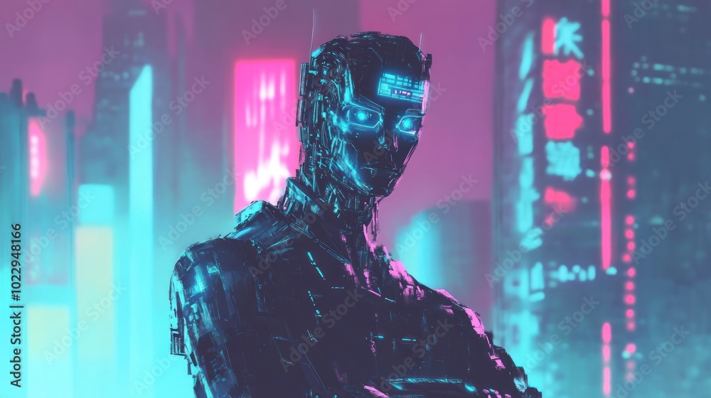 Fototapeta premium A futuristic, cybernetic figure stands against a neon-lit cityscape, embodying technology.