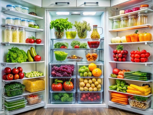 Organized Refrigerator with Fresh Produce, Clear Containers, and Sparkling Clean Shelves and Drawers