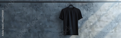A blank black t-shirt in front of an urban gray wall. T-shirt mockup for presentation in background