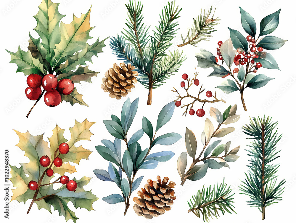 Fototapeta premium xmas new year celebration decor clipart, watercolor illustration, isolated on a white background