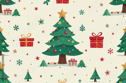 A Christmas themed pattern with a tree, stars, and a gift box