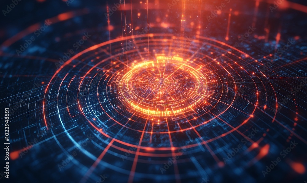 Obraz premium Red and blue glowing lines form concentric circles.