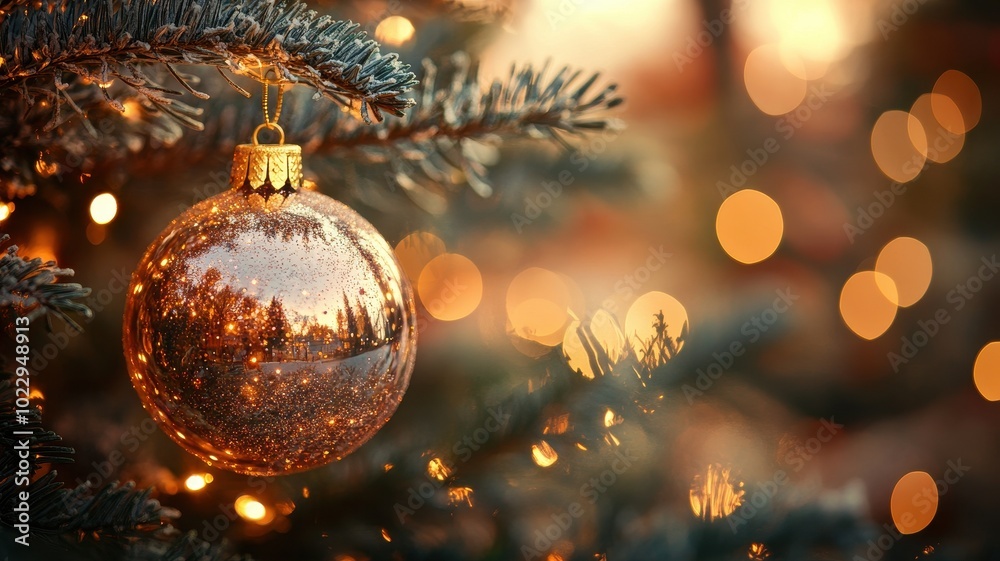Golden Christmas Ornament on a Christmas Tree with Bokeh Lights Golden Christmas Ornament on a Christmas Tree with Bokeh Lights