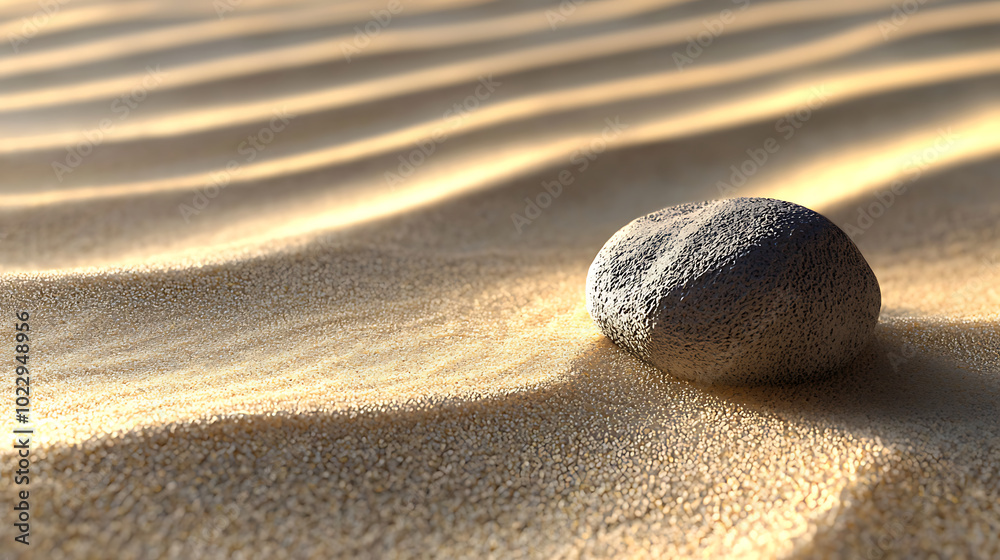 A calming zen garden scene featuring three stacked stones on smooth sand with meticulously raked patterns A calming zen garden scene featuring three stacked stones on smooth sand with meticulously raked patterns