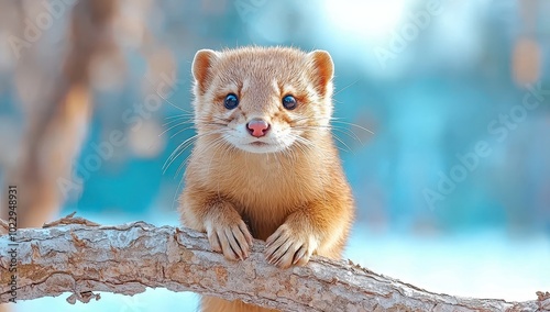 Cute yellow Siberian weasel or kolonok on a tree branch in winter. photo