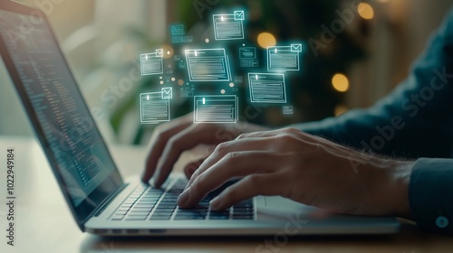Hands Typing on Laptop with Email Icons Floating Nearby