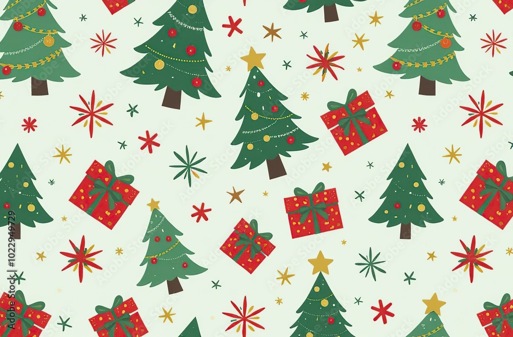 A Christmas themed pattern with a tree, stars, and a gift box A Christmas themed pattern with a tree, stars, and a gift box
