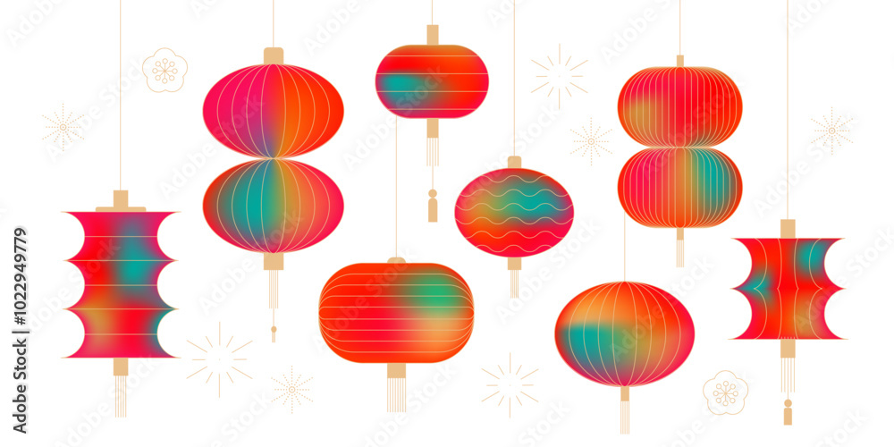 Collection of trendy minimal Chinese lanterns with mesh gradient. Japanese Asian new year traditional lamp. Linear vector illustration. Collection of trendy minimal Chinese lanterns with mesh gradient. Japanese Asian new year traditional lamp. Linear vector illustration.