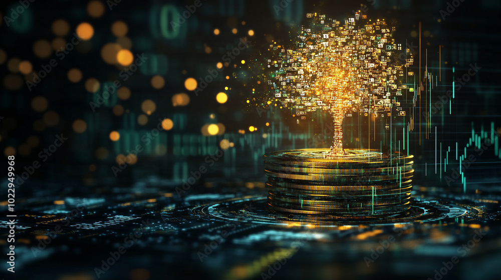 Naklejka premium Abstract Digital Gold Tree Growing from Stack of Coins