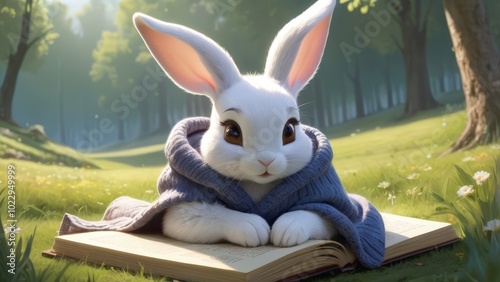 A charming white rabbit in a cozy blue shawl reading a book in a sunlit forest clearing during a serene afternoon