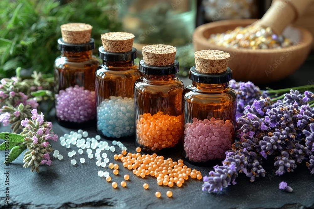 A set of homeopathic remedies. Generative AI A set of homeopathic remedies. Generative AI