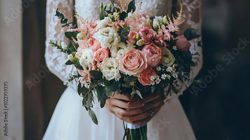 A close-up image of a bride holding a beautiful wedding bouquet featuring pink and white flowers photo