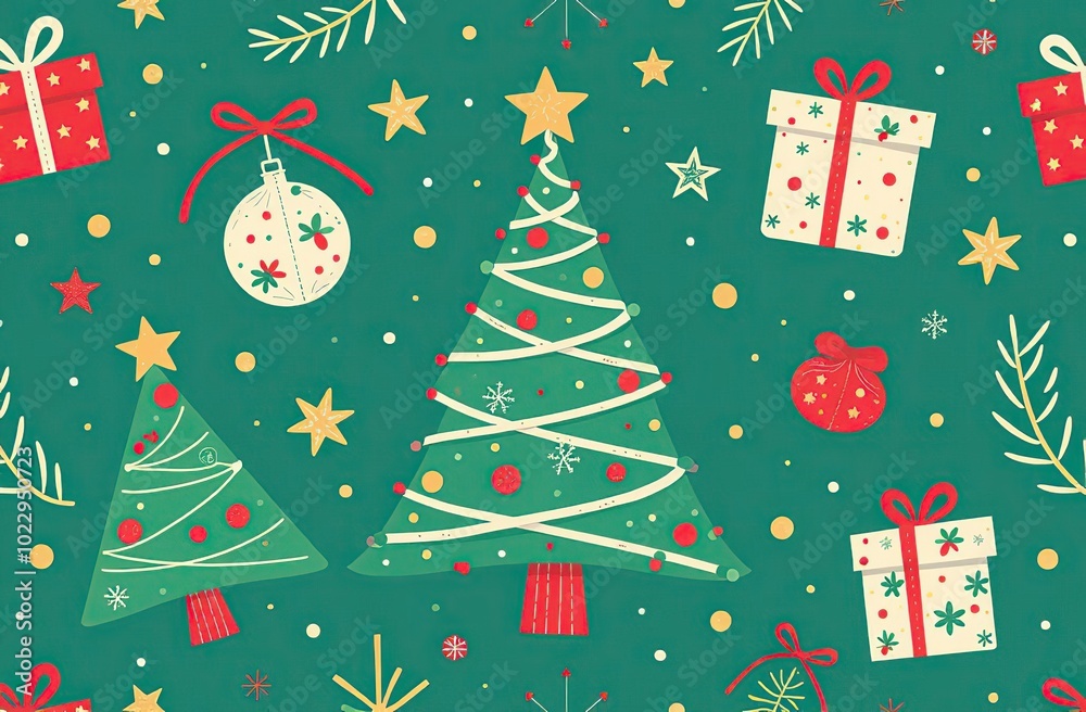 A Christmas themed pattern with a tree, stars, and a gift box A Christmas themed pattern with a tree, stars, and a gift box