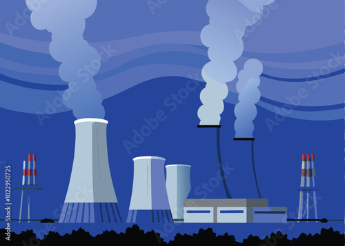 Generate a vector illustration of a nuclear power plant with cooling towers, smoke, and a blue background.