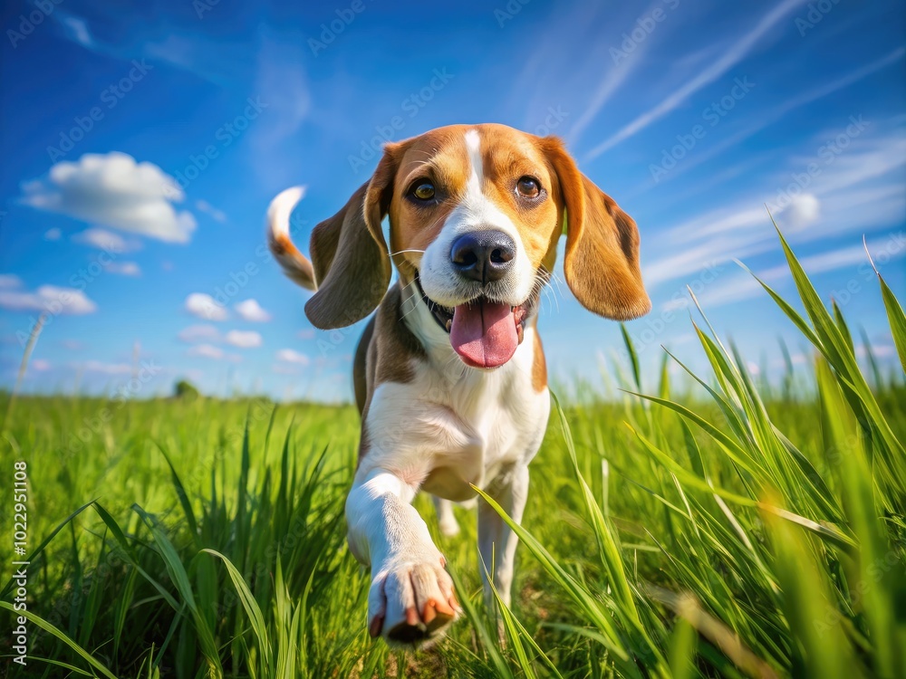 Playful beagle dog running through a lush green field under a clear blue sky in the sunshine Playful beagle dog running through a lush green field under a clear blue sky in the sunshine
