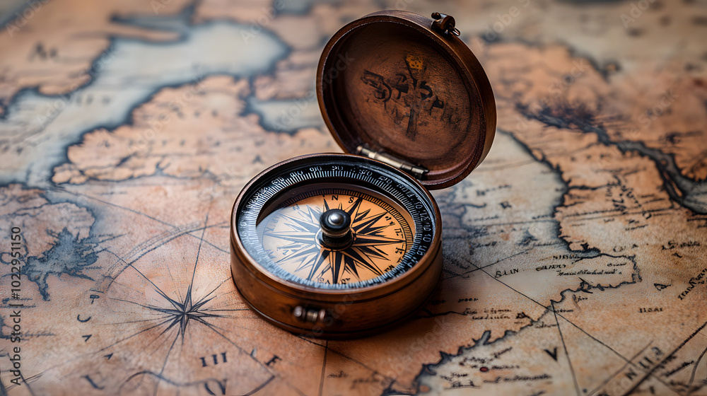 Antique Compass on Top of an Old Map Pointing Towards Unknown Lands, featuring a beautifully crafted compass made of brass with intricate details. The compass is placed on an aged map, showcasing vint Antique Compass on Top of an Old Map Pointing Towards Unknown Lands, featuring a beautifully crafted compass made of brass with intricate details. The compass is placed on an aged map, showcasing vint