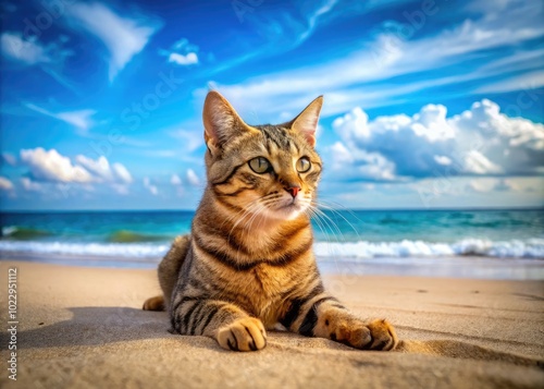 Playful Beach Cat Relaxing on Warm Sand with Gentle Waves and Bright Blue Sky in the Background