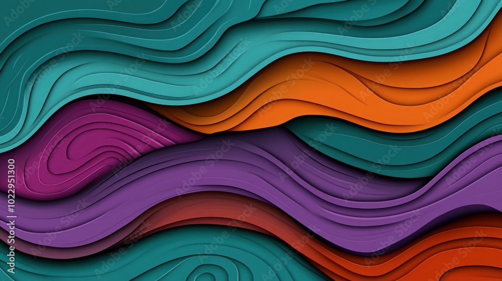 Abstract layered design with flowing shapes in vibrant colors.