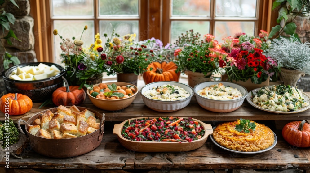 Autumn or fall season. Harvest Bounty Feast. rustic wooden table laden with array of autumnal dishes, showcasing season's bounty: roasted root vegetables, creamy pumpkin soup, hearty apple crumble Autumn or fall season. Harvest Bounty Feast. rustic wooden table laden with array of autumnal dishes, showcasing season's bounty: roasted root vegetables, creamy pumpkin soup, hearty apple crumble