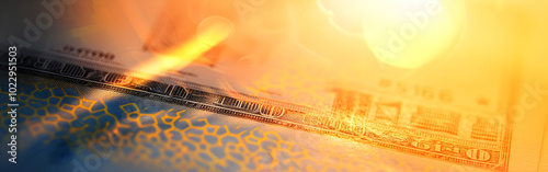 Futuristic paper with money dollar with sunshine in the background 
