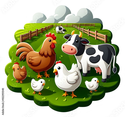 Cartoon farm animals in a sunny pasture with fence and clouds