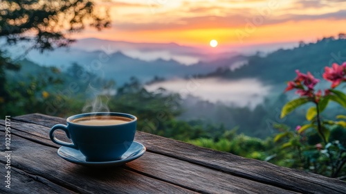 A steaming cup of coffee sits on a wooden table overlooking a stunning sunrise over misty mountains.