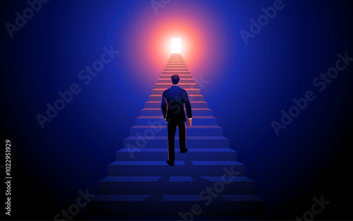 Businessman climbing stairs toward a brightly lit door in a dark room. Concepts of ambition, success, new opportunities, career growth, overcoming challenges, and reaching goals