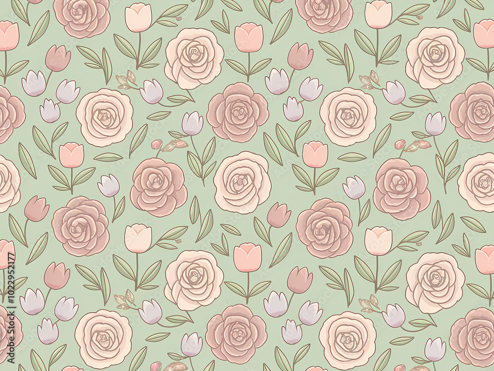 ditsy floral pattern in muted pastel shades, dusty pink flowers and green leaves ditsy floral pattern in muted pastel shades, dusty pink flowers and green leaves